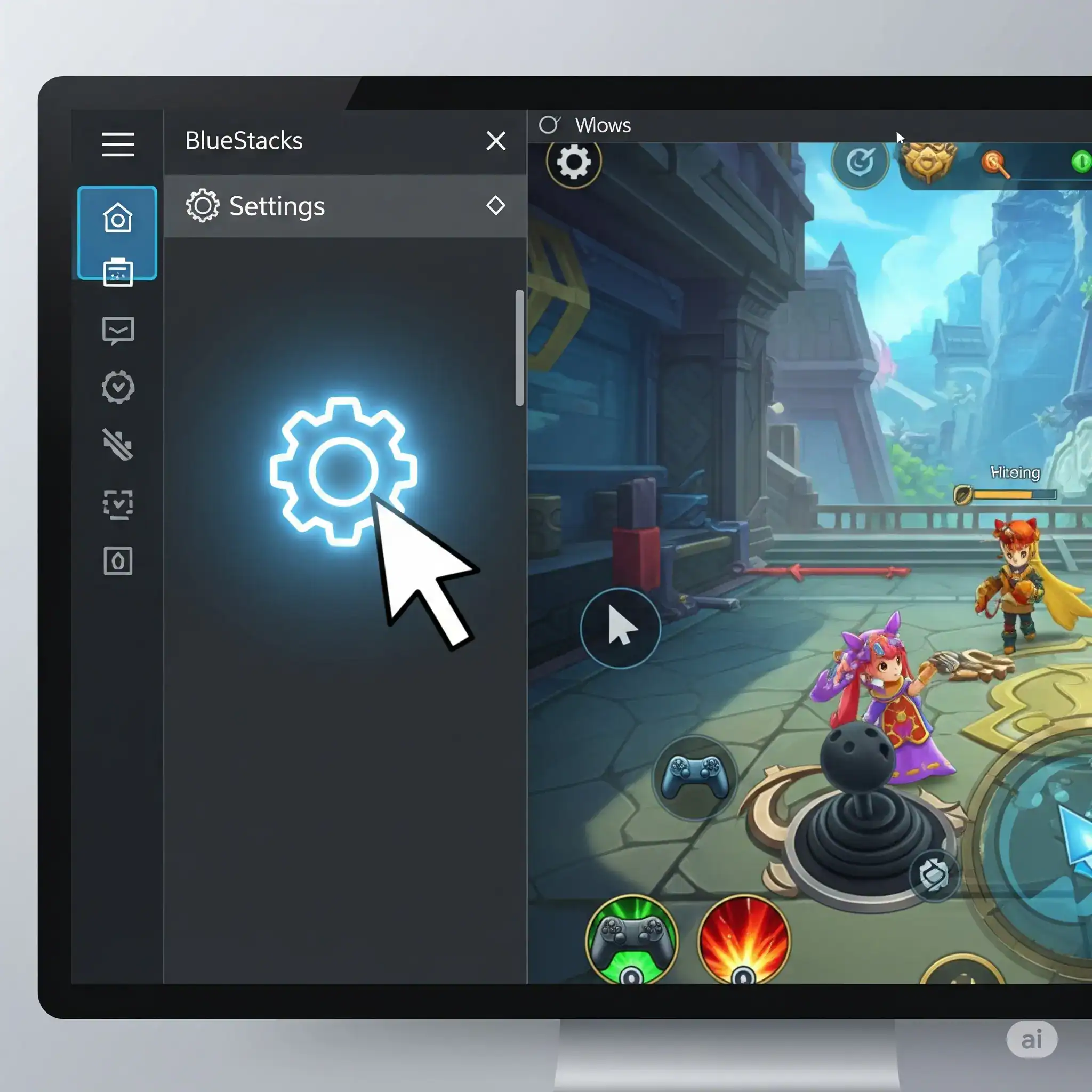 Para PC (Windows) 2 BlueStacks emulator settings menu on a tablet screen with gaming interface, showcasing app customization for streaming and APK installation.