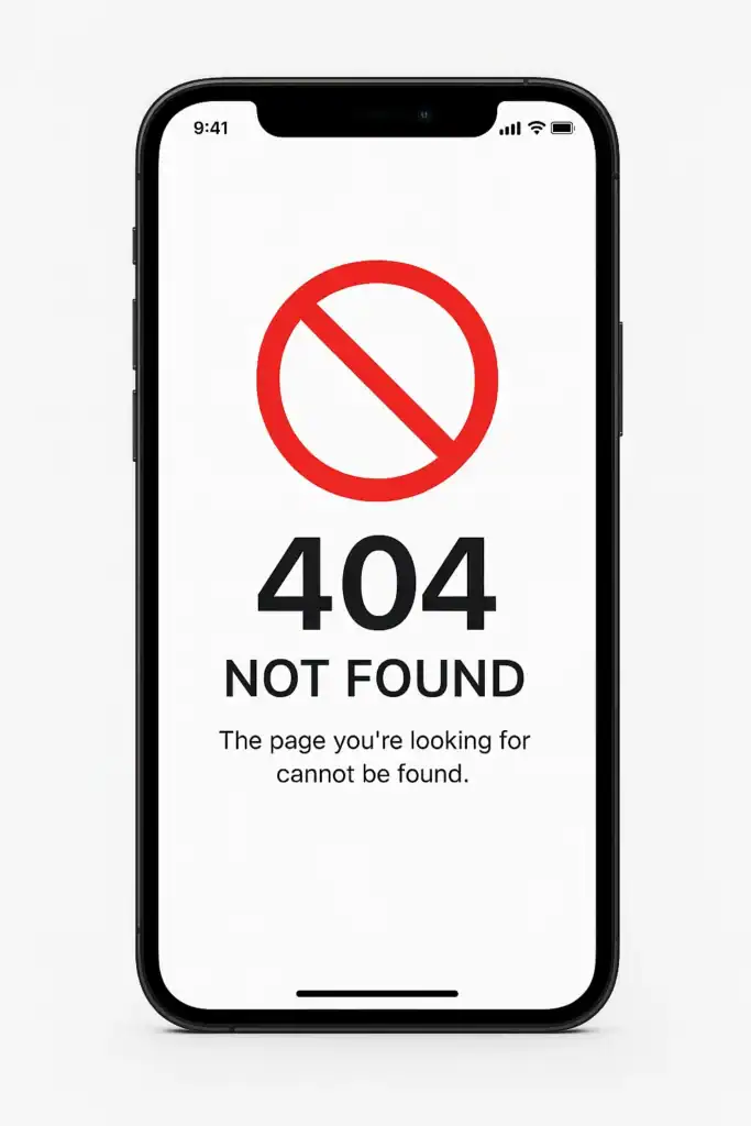 Como corrigir os erros 403, 404 e 503 do aplicativo Cinema APK 2025? 3 404 error screen on a smartphone showing page not found.